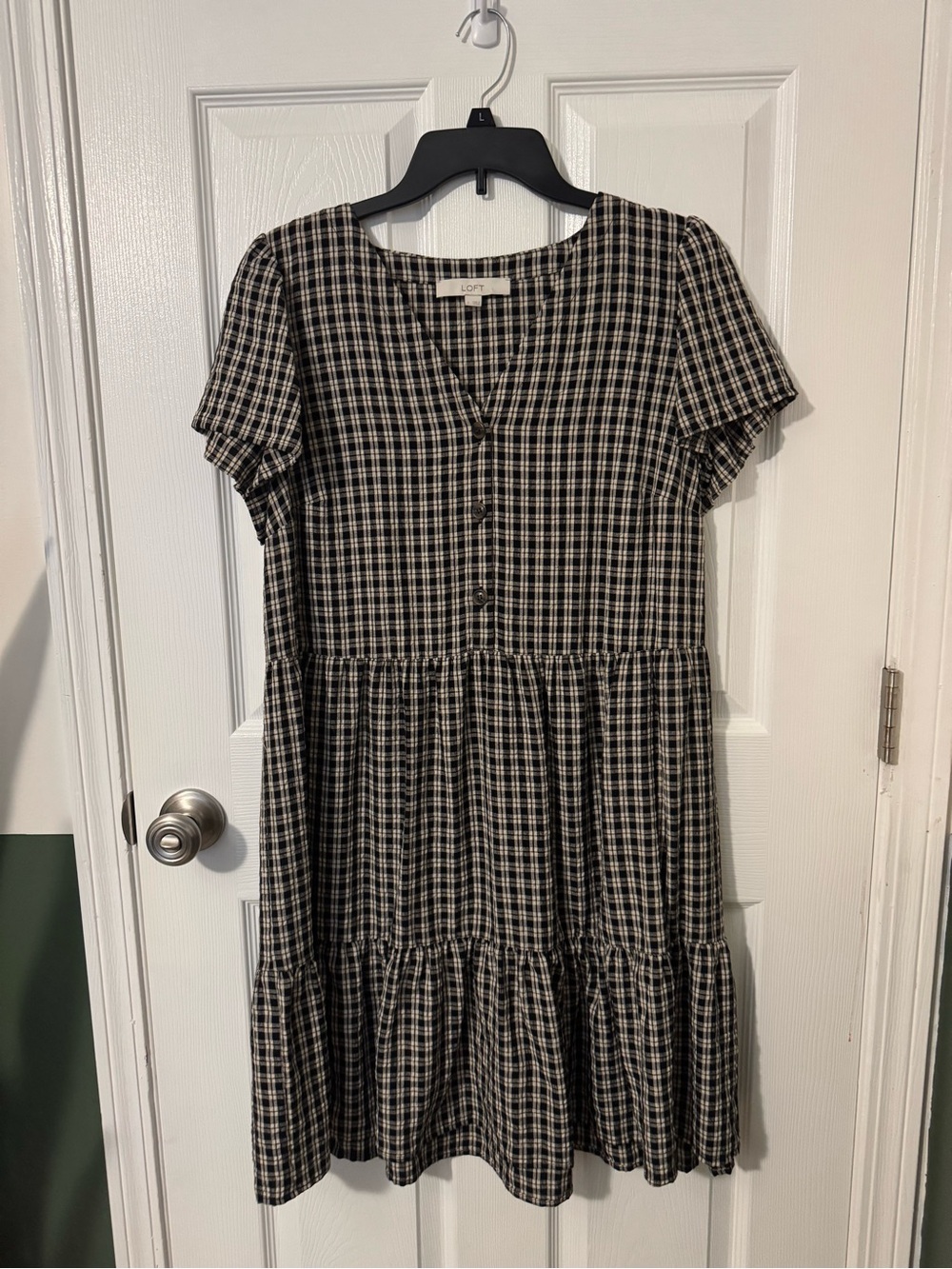 Loft Black and White Gingham Short-Sleeve Tiered Dress